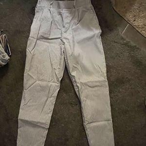 White work pants with navy blue lines
